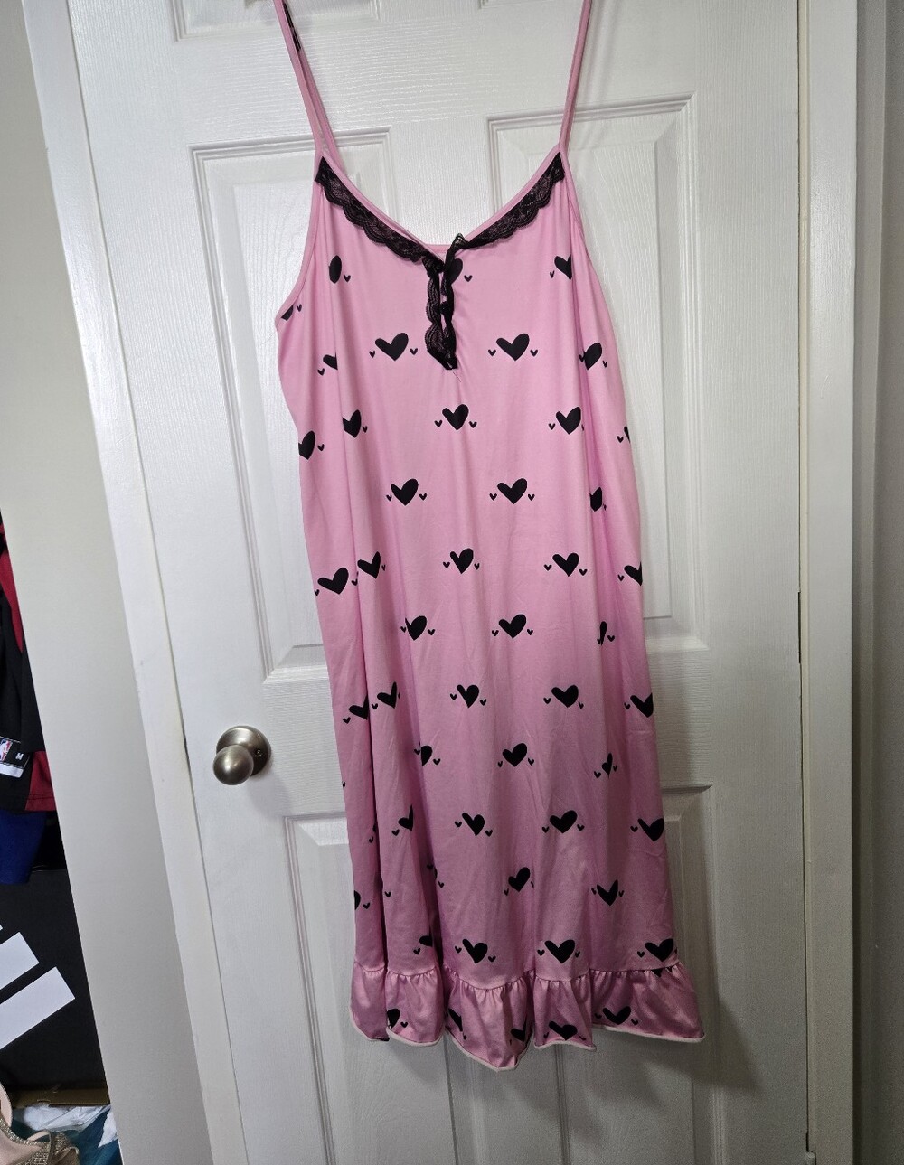 SHEIN Pink Slip Dress with Black Heart Print & Lace Trim